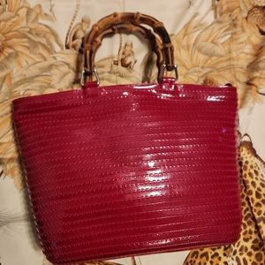 Gucci Enamel Red Bamboo Handles Bucket Satchel EUC